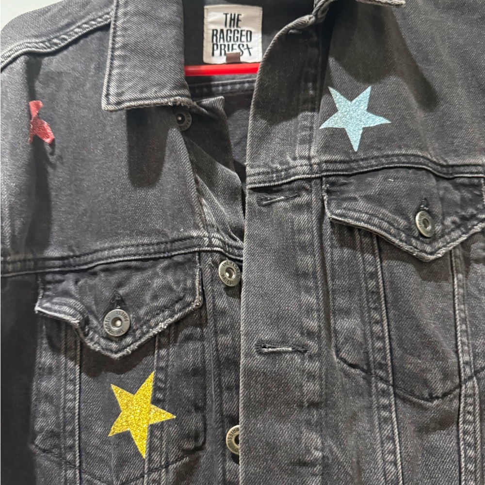 Women’s The Ragged Priest Galaxy Black Denim Jacket with Rainbow Star Accents, S